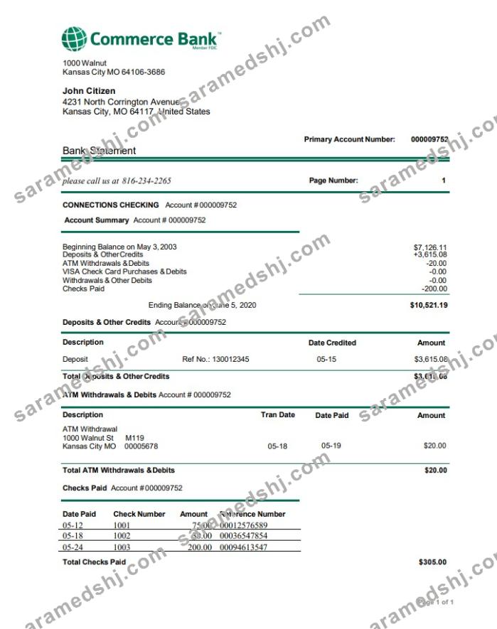 USA Commerce bank proof of address statement template in Word and PDF format